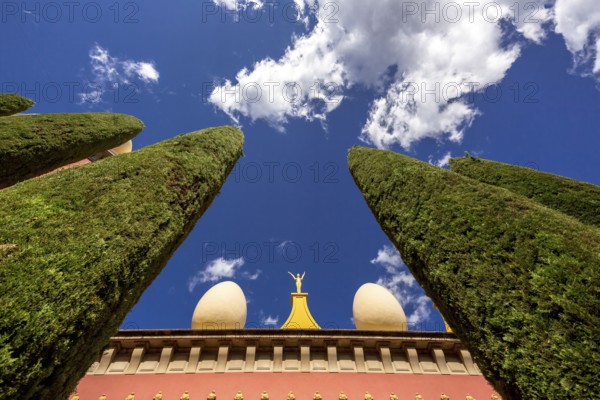 Dali Museum, Dali Museum in Figueres, detail with blue cloudy sky, Figueres, Figueras, Catalonia, Spain, Europe, aerial view, birds-eyes view, aerial photography, aerial photography, overview, bird's eye view