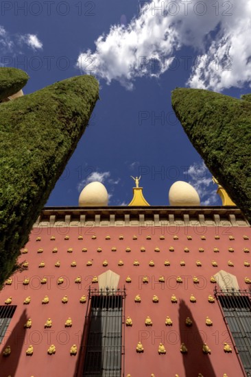 Dali Museum, Dali Museum in Figueres, detail with blue cloudy sky, Figueres, Figueras, Catalonia, Spain, Europe, aerial view, birds-eyes view, aerial photography, aerial photography, overview, bird's eye view