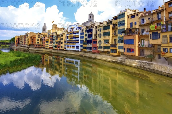 Colourful facades over the river Onyar, Banyoles, Cataluña, Gerona, Catalonia, Spain, Cataluña, Europe, aerial view, birds-eyes view, aerial photography, aerial photography, overview, bird's eye view