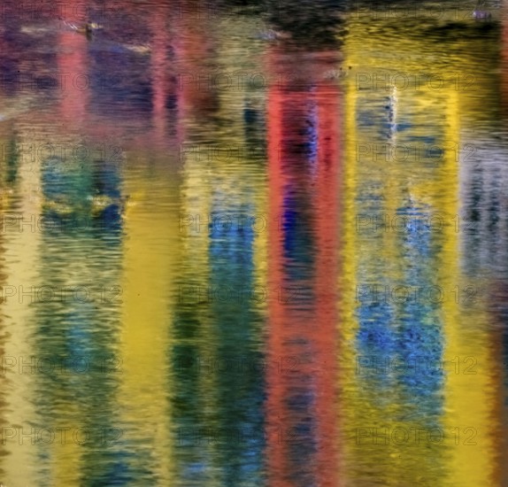 Reflections of the colourful facades in the river Onyar, Girona, Cataluña, Gerona, Catalonia, Spain, Cataluña, Europe, aerial photo, birds-eyes view, aerial photography, aerial photography, overview, bird's eye view