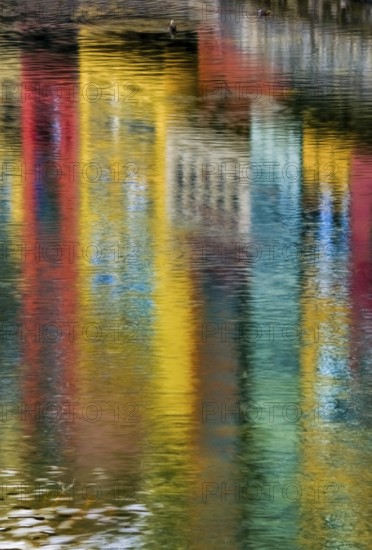 Reflections of the colourful facades in the river Onyar, Girona, Cataluña, Gerona, Catalonia, Spain, Cataluña, Europe, aerial photo, birds-eyes view, aerial photography, aerial photography, overview, bird's eye view