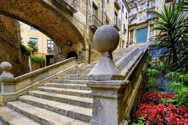 Historic stone staircase in the alleys of the old town of Girona, Cataluña, Gerona, Catalonia, Spain, Girona, Cataluña, Europe, aerial view, birds-eyes view, aerial photography, aerial photography, overview, bird's eye view