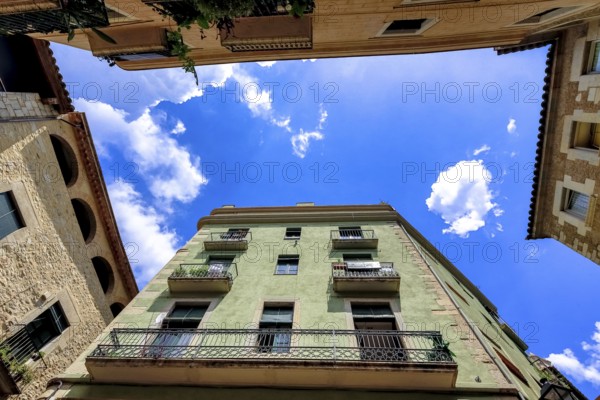 View into the sky between the alleys in the old town of Girona, Cataluña, Gerona, Catalonia, Spain, Girona, Cataluña, Europe, aerial view, birds-eyes view, aerial photography, aerial photography, aerial photography, overview, bird's eye view
