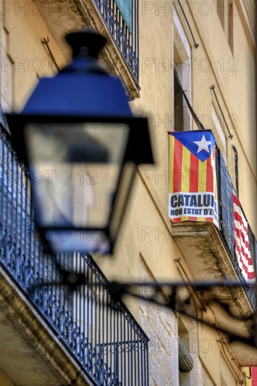 Lantern with Catalan flag, alleys in the old town of Girona, Cataluña, Gerona, Catalonia, Spain, Girona, Cataluña, Europe, aerial photo, birds-eyes view, aerial photography, aerial photography, overview, bird's eye view