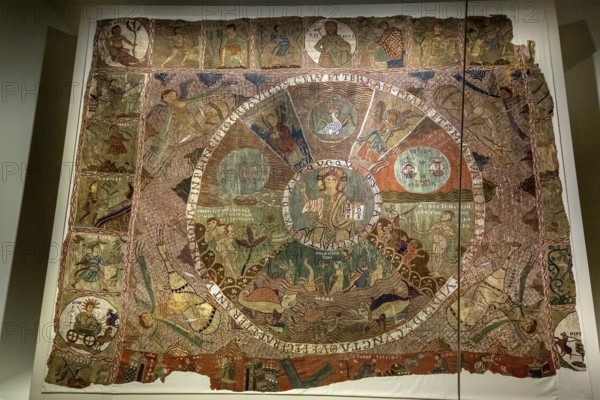 TapÃs de la creaciÃü, creation tapestry from the 11th century, Cathedral Santa Maria of Gerona, centre of the creator god Pantokrator, Catedral Santa Maria de Girona, Girona, Cataluña, Gerona, Catalonia, Spain, Cataluña, Europe, aerial view, birds-eyes view, aerial photography, aerial photography, overview, bird's eye view