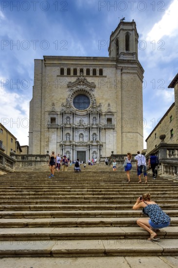 Staircase to the Cathedral of Santa Maria of Gerona, Catedral Santa Maria de Girona, Girona, Cataluña, Gerona, Catalonia, Spain, Cataluña, Europe, aerial view, birds-eyes view, aerial photography, aerial photography, overview, bird's eye view