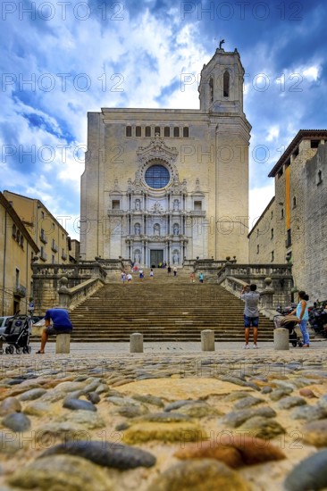 Cathedral of Santa Maria of Gerona, Catedral Santa Maria de Girona, Girona, Cataluña, Gerona, Catalonia, Spain, Cataluña, Europe, aerial view, birds-eyes view, aerial photography, aerial photography, overview, overview, bird's eye view