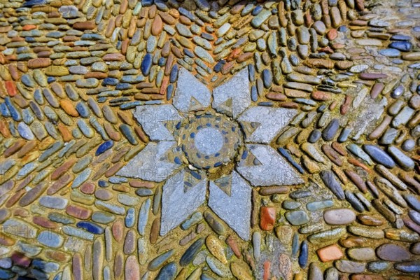Colourful stone mosaic in front of the cathedral of Girona, Girona, Cataluña, Gerona, Catalonia, Spain, Cataluña, Europe, aerial view, birds-eyes view, aerial photography, aerial photography, aerial photography, overview, bird's eye view