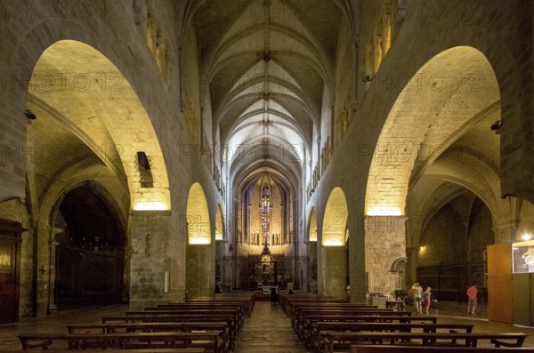 Nave of the church Sant Feliu, Sant Felix, Girona, Cataluña, Gerona, Catalonia, Spain, Cataluña, Europe, aerial view, birds-eyes view, aerial photography, aerial photography, overview, overview, bird's eye view
