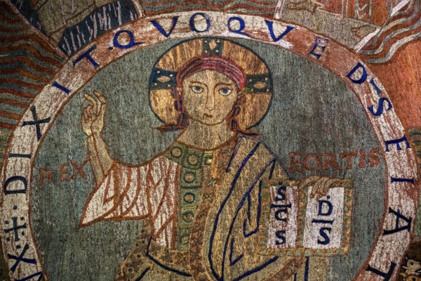 TapÃs de la creaciÃü, creation tapestry from the 11th century, Cathedral Santa Maria of Gerona, centre of the creator god Pantokrator, Catedral Santa Maria de Girona, Girona, Cataluña, Gerona, Catalonia, Spain, Cataluña, Europe, aerial view, birds-eyes view, aerial photography, aerial photography, overview, bird's eye view