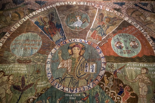 TapÃs de la creaciÃü, creation tapestry from the 11th century, Cathedral Santa Maria of Gerona, centre of the creator god Pantokrator, Catedral Santa Maria de Girona, Girona, Cataluña, Gerona, Catalonia, Spain, Cataluña, Europe, aerial view, birds-eyes view, aerial photography, aerial photography, overview, bird's eye view