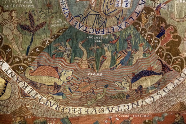 TapÃs de la creaciÃü, Creation tapestry from the 11th century, Cathedral of Santa Maria of Gerona, Catedral Santa Maria de Girona, Girona, Cataluña, Gerona, Catalonia, Spain, Cataluña, Europe, aerial view, birds-eyes view, aerial photography, aerial photography, overview, overview, bird's eye view