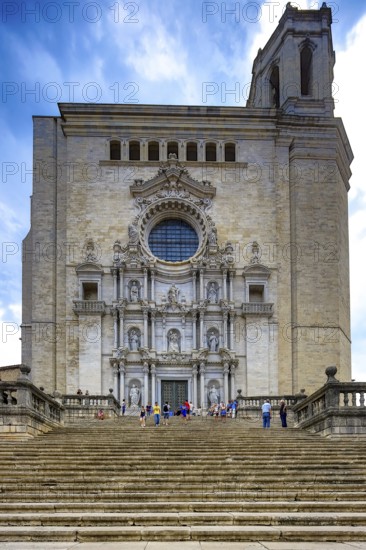 Staircase to the Cathedral of Santa Maria of Gerona, Catedral Santa Maria de Girona, Girona, Cataluña, Gerona, Catalonia, Spain, Cataluña, Europe, aerial view, birds-eyes view, aerial photography, aerial photography, overview, bird's eye view
