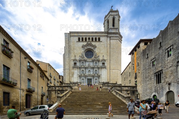 Staircase to the Cathedral of Santa Maria of Gerona, Catedral Santa Maria de Girona, Girona, Cataluña, Gerona, Catalonia, Spain, Cataluña, Europe, aerial view, birds-eyes view, aerial photography, aerial photography, overview, bird's eye view