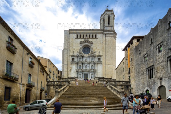 Staircase to the Cathedral of Santa Maria of Gerona, Catedral Santa Maria de Girona, Girona, Cataluña, Gerona, Catalonia, Spain, Cataluña, Europe, aerial view, birds-eyes view, aerial photography, aerial photography, overview, bird's eye view