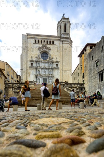 Cathedral of Santa Maria of Gerona, Catedral Santa Maria de Girona, Girona, Cataluña, Gerona, Catalonia, Spain, Cataluña, Europe, aerial view, birds-eyes view, aerial photography, aerial photography, overview, overview, bird's eye view