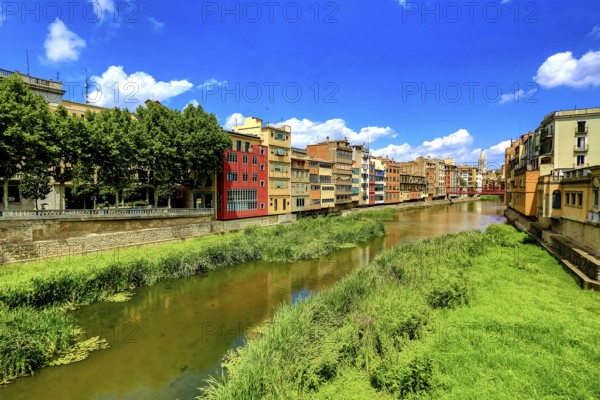 Colourful facades over the river Onyar, Girona, Cataluña, Gerona, Catalonia, Spain, Cataluña, Europe, aerial view, birds-eyes view, aerial photography, aerial photography, overview, bird's eye view