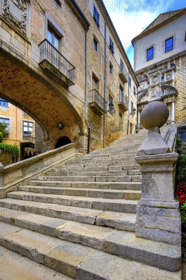 Historic stone staircase in the alleys of the old town of Girona, Cataluña, Gerona, Catalonia, Spain, Girona, Cataluña, Europe, aerial view, birds-eyes view, aerial photography, aerial photography, overview, bird's eye view