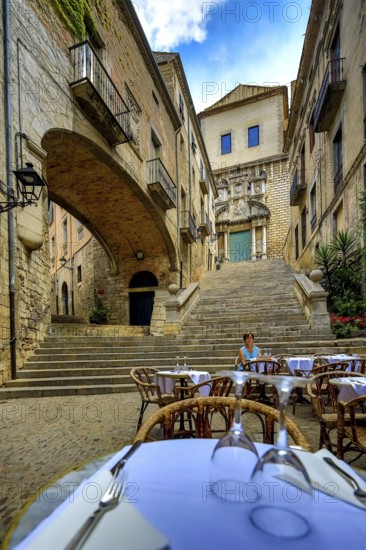 Small restaurant in the alleys of the old town of Girona, Cataluña, Gerona, Catalonia, Spain, Girona, Cataluña, Europe, aerial view, birds-eyes view, aerial photography, aerial photography, aerial photography, overview, bird's eye view