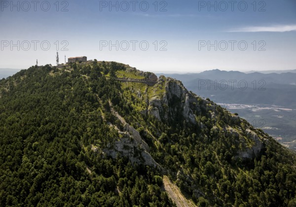 Monastery Mare de Deu del Mont, Monastery of the Mother of God of the Mountain, Beuda, Costa Brava, Catalonia, Spain, Europe, aerial view, birds-eyes view, aerial photography, aerial photography, overview, overview, bird's eye view, aerial photos of Spain