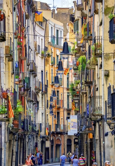 Colourful alley in the old town of Girona with lanterns, Girona, Cataluña, Gerona, Catalonia, Spain, Cataluña, Europe, aerial view, birds-eyes view, aerial photography, aerial photography, overview, bird's eye view
