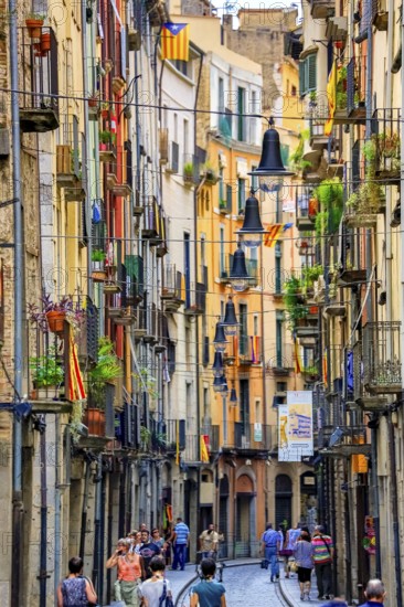Colourful alley in the old town of Girona with lanterns, Girona, Cataluña, Gerona, Catalonia, Spain, Cataluña, Europe, aerial view, birds-eyes view, aerial photography, aerial photography, overview, bird's eye view