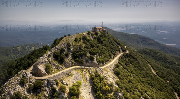 Monastery Mare de Deu del Mont, Monastery of the Mother of God of the Mountain, Beuda, Costa Brava, Catalonia, Spain, Europe, aerial view, birds-eyes view, aerial photography, aerial photography, overview, overview, bird's eye view, aerial photos of Spain