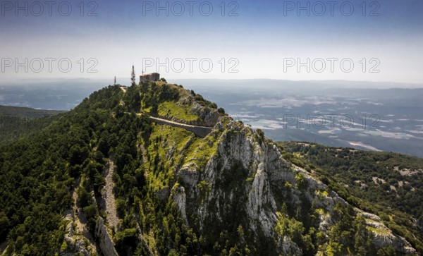 Monastery Mare de Deu del Mont, Monastery of the Mother of God of the Mountain, Beuda, Costa Brava, Catalonia, Spain, Europe, aerial view, birds-eyes view, aerial photography, aerial photography, overview, overview, bird's eye view, aerial photos of Spain