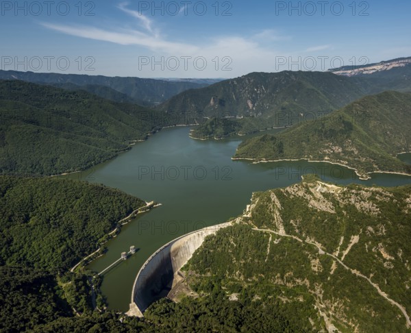 River Ter, Riu Ter, Susqueda Reservoir, Panta de Susqueda, Rupit, Costa Brava, Cataluña, Catalonia, Spain, Cataluña, Europe, aerial view, birds-eyes view, aerial photography, aerial photography, overview, bird's eye view, aerial photos of Spain