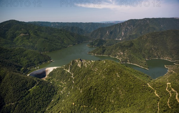 River Ter, Riu Ter, Susqueda Reservoir, Panta de Susqueda, Rupit, Costa Brava, Cataluña, Catalonia, Spain, Cataluña, Europe, aerial view, birds-eyes view, aerial photography, aerial photography, overview, bird's eye view, aerial photos of Spain