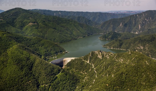 River Ter, Riu Ter, Susqueda Reservoir, Panta de Susqueda, Amer, Costa Brava, Catalonia, Spain, Europe, aerial view, birds-eyes view, aerial photography, aerial photography, overview, bird's eye view, aerial photos of Spain