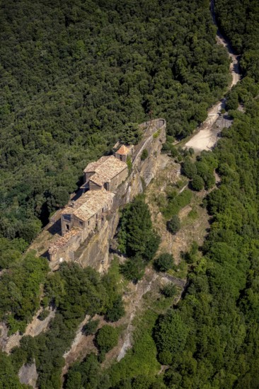 Rocacorba Monastery, Santuari de la Mare de Déu de Rocacorba, Monastery of Our Lady of Rocacorba, monastery, hermit monastery, Sant MartÃ de LlÃ©mena, Costa Brava, Catalonia, Spain, Sant Martí de Llémena, Europe, aerial view, birds-eyes view, aerial photography, aerial photography, overview, bird's eye view, aerial photos of Spain