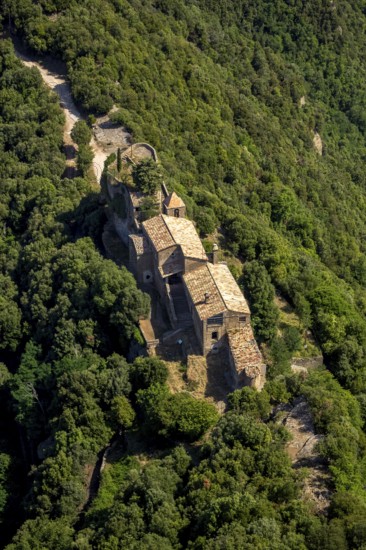 Rocacorba Monastery, Santuari de la Mare de Déu de Rocacorba, Monastery of Our Lady of Rocacorba, monastery, hermit monastery, Sant MartÃ de LlÃ©mena, Costa Brava, Catalonia, Spain, Sant Martí de Llémena, Europe, aerial view, birds-eyes view, aerial photography, aerial photography, overview, bird's eye view, aerial photos of Spain