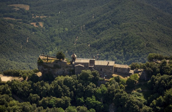 Rocacorba Monastery, Santuari de la Mare de Déu de Rocacorba, Monastery of Our Lady of Rocacorba, monastery, hermit monastery, Sant MartÃ de LlÃ©mena, Costa Brava, Catalonia, Spain, Sant Martí de Llémena, Europe, aerial view, birds-eyes view, aerial photography, aerial photography, overview, bird's eye view, aerial photos of Spain