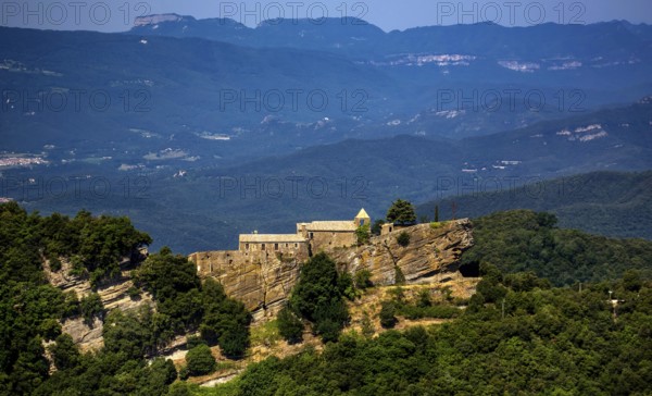 Rocacorba Monastery, Santuari de la Mare de Déu de Rocacorba, Monastery of Our Lady of Rocacorba, monastery, hermit monastery, Sant MartÃ de LlÃ©mena, Costa Brava, Catalonia, Spain, Sant Martí de Llémena, Europe, aerial view, birds-eyes view, aerial photography, aerial photography, overview, bird's eye view, aerial photos of Spain