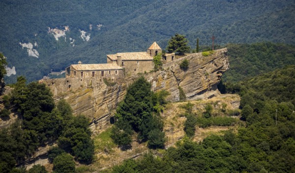 Rocacorba Monastery, Santuari de la Mare de Déu de Rocacorba, Monastery of Our Lady of Rocacorba, monastery, hermit monastery, Sant MartÃ de LlÃ©mena, Costa Brava, Catalonia, Spain, Sant Martí de Llémena, Europe, aerial view, birds-eyes view, aerial photography, aerial photography, overview, bird's eye view, aerial photos of Spain