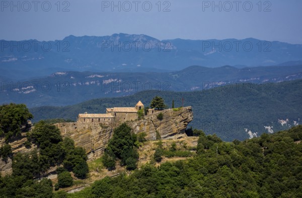 Rocacorba Monastery, Santuari de la Mare de Déu de Rocacorba, Monastery of Our Lady of Rocacorba, monastery, hermit monastery, Sant MartÃ de LlÃ©mena, Costa Brava, Catalonia, Spain, Sant Martí de Llémena, Europe, aerial view, birds-eyes view, aerial photography, aerial photography, overview, bird's eye view, aerial photos of Spain