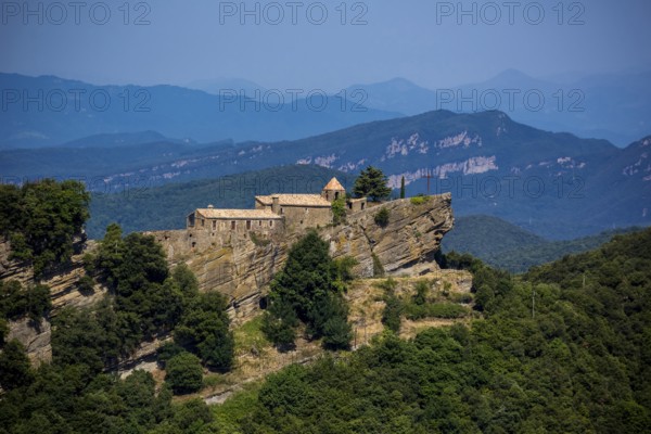 Rocacorba Monastery, Santuari de la Mare de Déu de Rocacorba, Monastery of Our Lady of Rocacorba, monastery, hermit monastery, Sant MartÃ de LlÃ©mena, Costa Brava, Catalonia, Spain, Sant Martí de Llémena, Europe, aerial view, birds-eyes view, aerial photography, aerial photography, overview, bird's eye view, aerial photos of Spain