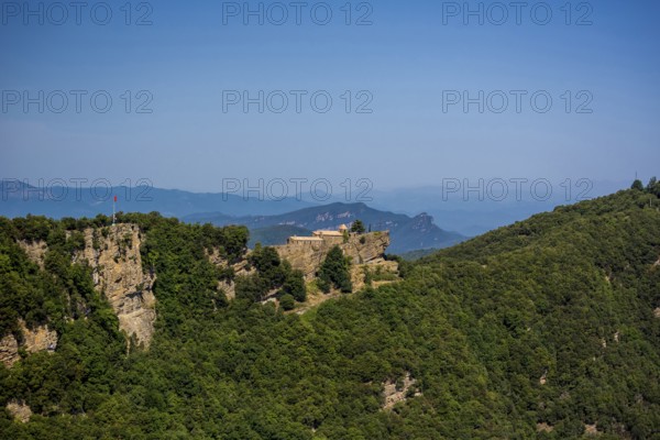 Rocacorba Monastery, Santuari de la Mare de Déu de Rocacorba, Monastery of Our Lady of Rocacorba, monastery, hermit monastery, Sant MartÃ de LlÃ©mena, Costa Brava, Catalonia, Spain, Sant Martí de Llémena, Europe, aerial view, birds-eyes view, aerial photography, aerial photography, overview, bird's eye view, aerial photos of Spain