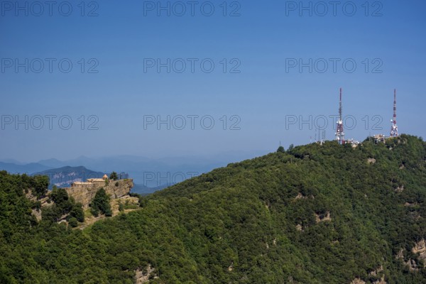 Rocacorba Monastery, Santuari de la Mare de Déu de Rocacorba, Monastery of Our Lady of Rocacorba, monastery, hermit monastery, Sant MartÃ de LlÃ©mena, Costa Brava, Catalonia, Spain, Sant Martí de Llémena, Europe, aerial view, birds-eyes view, aerial photography, aerial photography, overview, bird's eye view, aerial photos of Spain