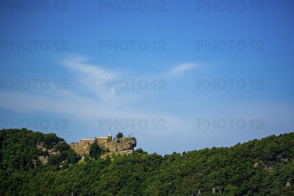 Rocacorba Monastery, Santuari de la Mare de Déu de Rocacorba, Monastery of Our Lady of Rocacorba, monastery, hermit monastery, Porqueres, Costa Brava, Catalonia, Spain, Europe, aerial view, birds-eyes view, aerial photography, aerial photography, overview, bird's eye view, aerial photos of Spain