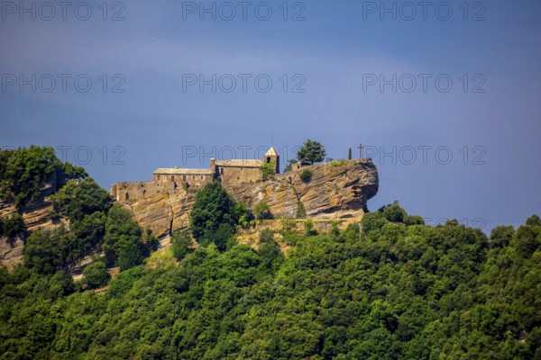 Rocacorba Monastery, Santuari de la Mare de Déu de Rocacorba, Monastery of Our Lady of Rocacorba, monastery, hermit monastery, Porqueres, Costa Brava, Catalonia, Spain, Europe, aerial view, birds-eyes view, aerial photography, aerial photography, overview, bird's eye view, aerial photos of Spain