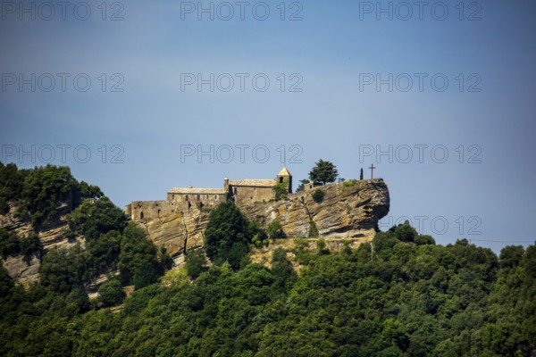 Rocacorba Monastery, Santuari de la Mare de Déu de Rocacorba, Monastery of Our Lady of Rocacorba, monastery, hermit monastery, Porqueres, Costa Brava, Catalonia, Spain, Europe, aerial view, birds-eyes view, aerial photography, aerial photography, overview, bird's eye view, aerial photos of Spain