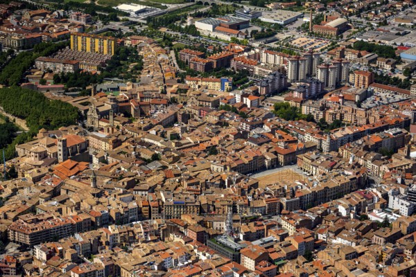Old town, Placa Major, market place of Vic, overview of the city of Vic, Vic, Costa Brava, Catalonia, Spain, Europe, aerial view, birds-eyes view, aerial photography, aerial photography, overview, bird's eye view, aerial photos of Spain