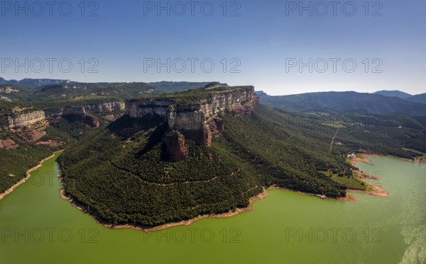 Table mountain bedrock, Panta de Sau, reservoir of Sau, river Ter, Riu Ter, Tavèrnoles, Costa Brava, Catalonia, Spain, Tavèrnoles, Europe, aerial view, birds-eyes view, aerial photography, aerial photography, overview, bird's eye view, aerial photos of Spain