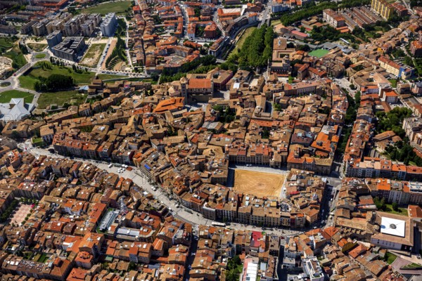 Old town, Placa Major, market place of Vic, Vic, Costa Brava, Catalonia, Spain, Europe, aerial view, birds-eyes view, aerial photography, aerial photography, overview, overview, bird's eye view, aerial photos of Spain