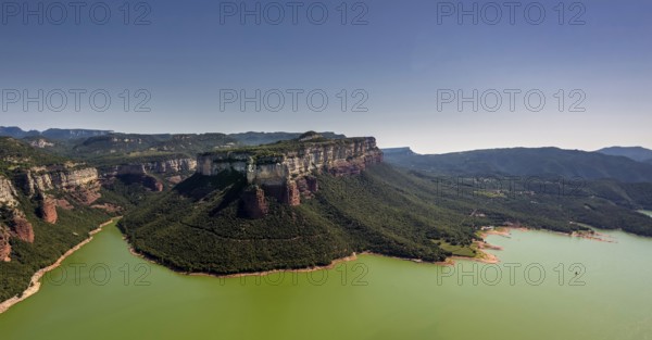 Table mountain bedrock, Panta de Sau, reservoir of Sau, river Ter, Riu Ter, Les Masies de Roda, Costa Brava, Catalonia, Spain, Europe, aerial view, birds-eyes view, aerial photography, aerial photography, aerial photography, overview, bird's eye view, aerial photos of Spain