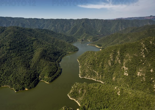 River Ter, Riu Ter, Susqueda Reservoir, Panta de Susqueda, Osor, Costa Brava, Catalonia, Spain, Europe, aerial view, birds-eyes view, aerial photography, aerial photography, overview, bird's eye view, aerial photos of Spain