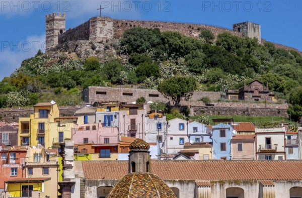 Sardinia, view, Castello di Serravalle, Bosa, Europe, Province of Oristano, Italy, old town, architecture, view, Castello di Serravalle, village, roofs, conservation, river, building, history, hill, culture, coast, landscape, panorama, region, travel, castle, sight, sightseeing, summer, city, stones, scenery, daylight, tourism, residential buildings, historical, Italian, picturesque, Mediterranean, medieval, traditional