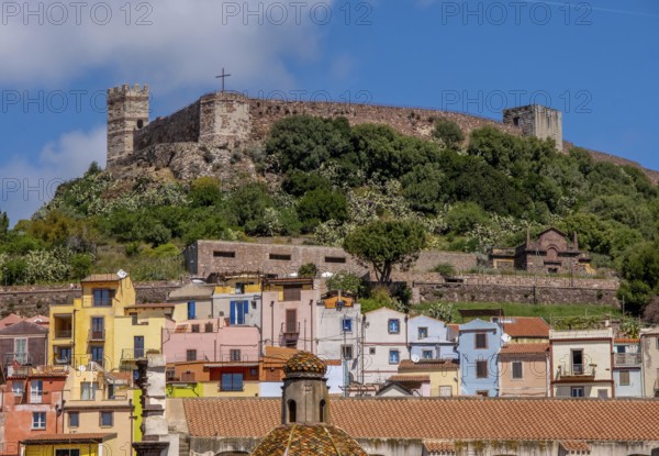 Sardinia, Town View Residential Houses and Castle Castello di Serravalle, Bosa, Europe, Province Oristano, Italy, Old Town, Antiquity, Architecture, View, Castello di Serravalle, Monument, Village, Roofs, Heritage, Fortress, River, Building, Hill, Culture, landscape, local view, panorama, region, travel, castle, sight, settlement, sightseeing, town, Temo, tourism, surroundings, holiday destination, residential buildings, brick, European, historical, Italian, picturesque, Mediterranean, medieval, traditional